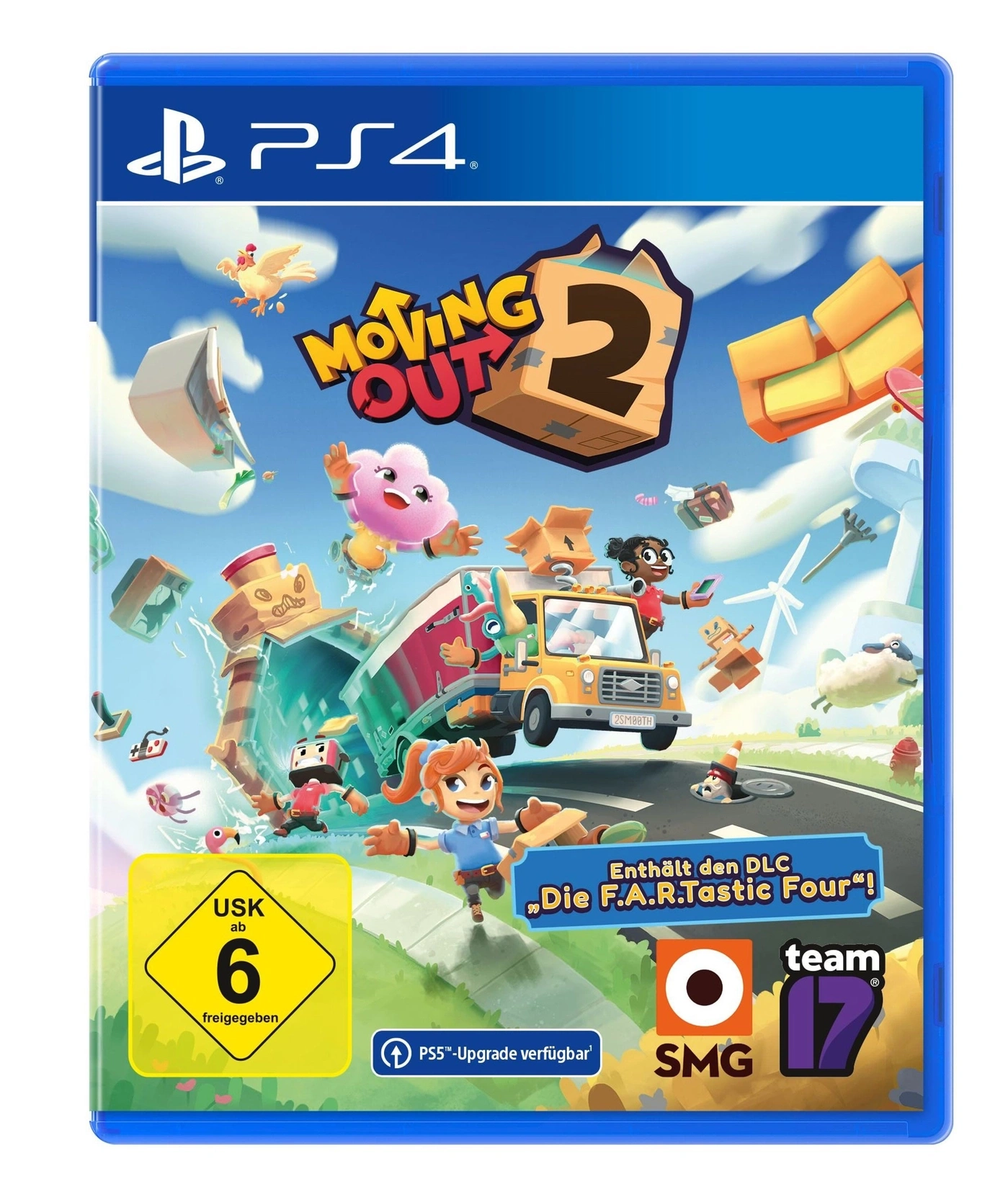 Die Hülle des Videospiels Moving Out 2 für die PS4 zeigt bunte Charaktere, die mit Umzugskisten spielen.