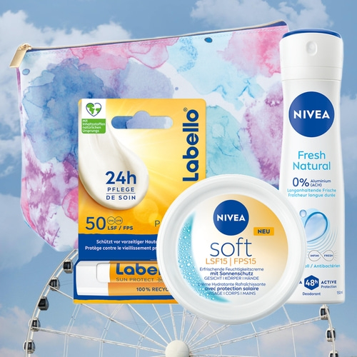 Kosmetikprodukte von Nivea und Labello vor einem Riesenrad