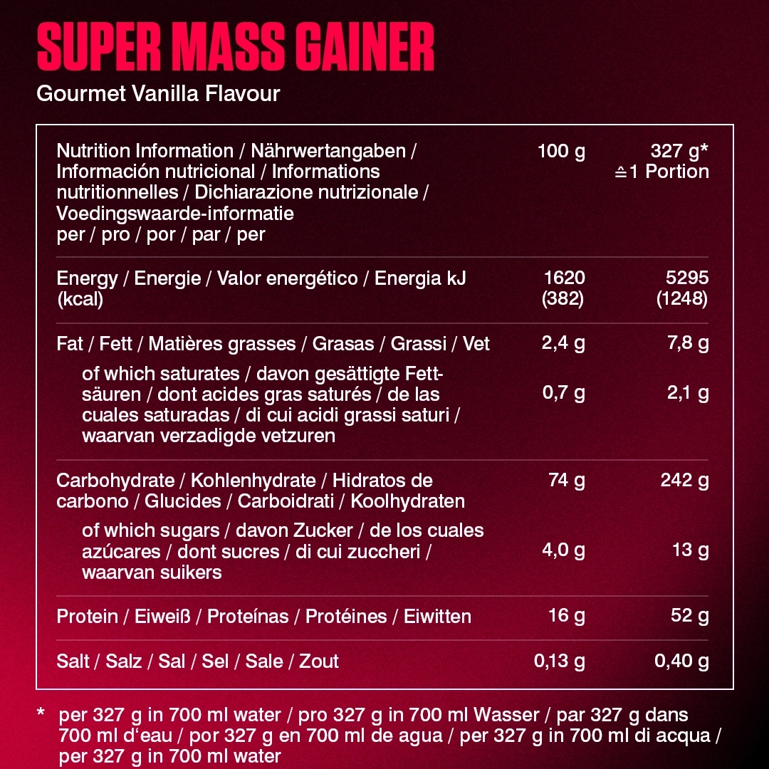 Super Mass Gainer Proteinpulver mit Vanillegeschmack. Nährwertangaben pro 100g und pro Portion.