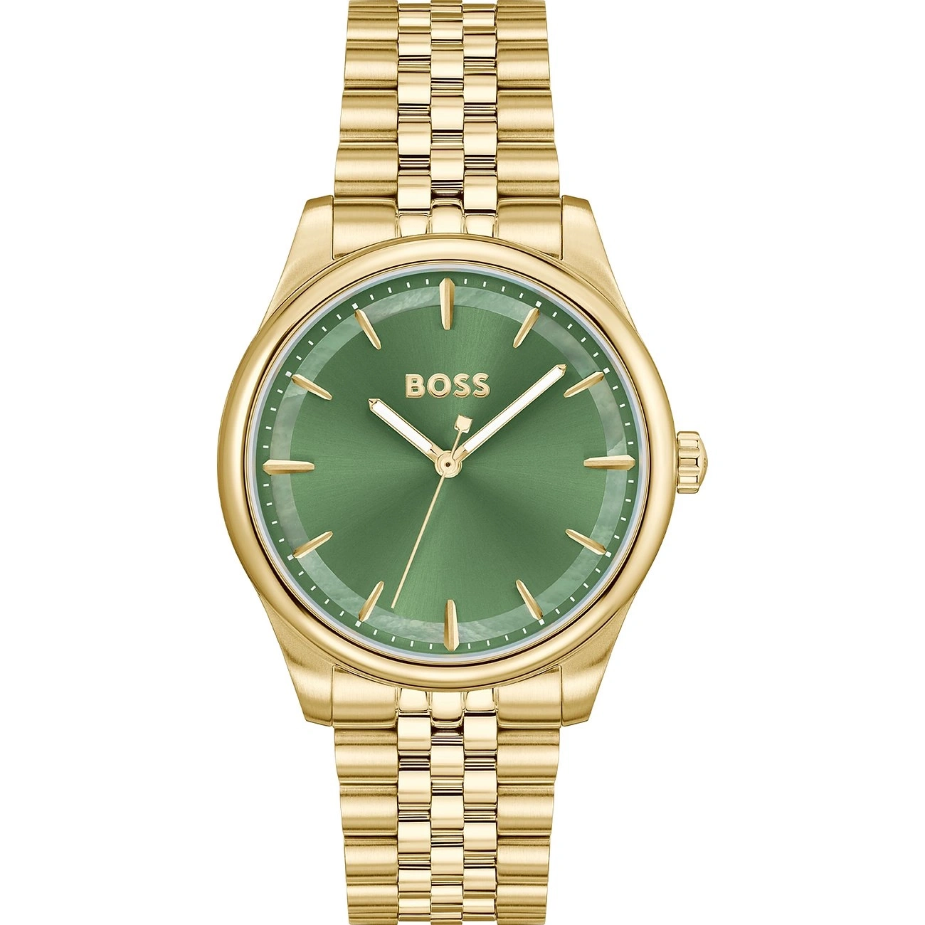 Eine goldene Hugo Boss Uhr mit grünem Zifferblatt und Gliederarmband.