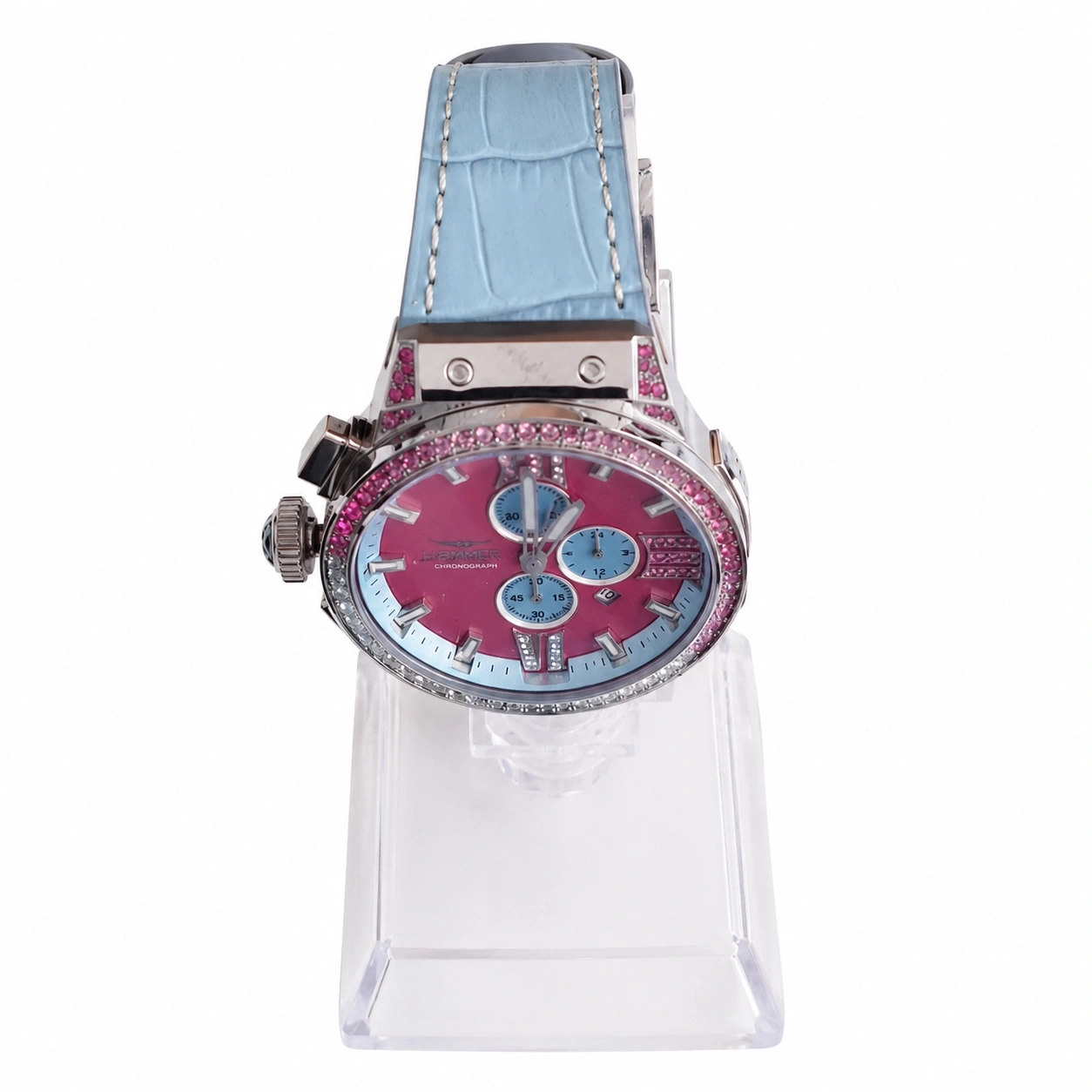Eine luxuriöse Armbanduhr mit pinkem Zifferblatt und blauen Armband.