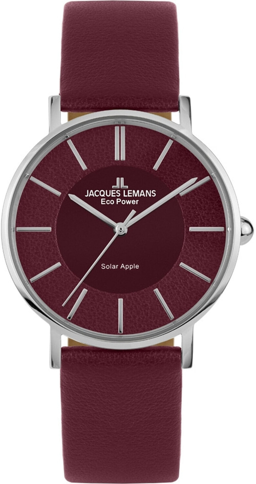Jacques Lemans Uhr, Solar Apple, rotes Zifferblatt, Lederarmband, silbernes Gehäuse