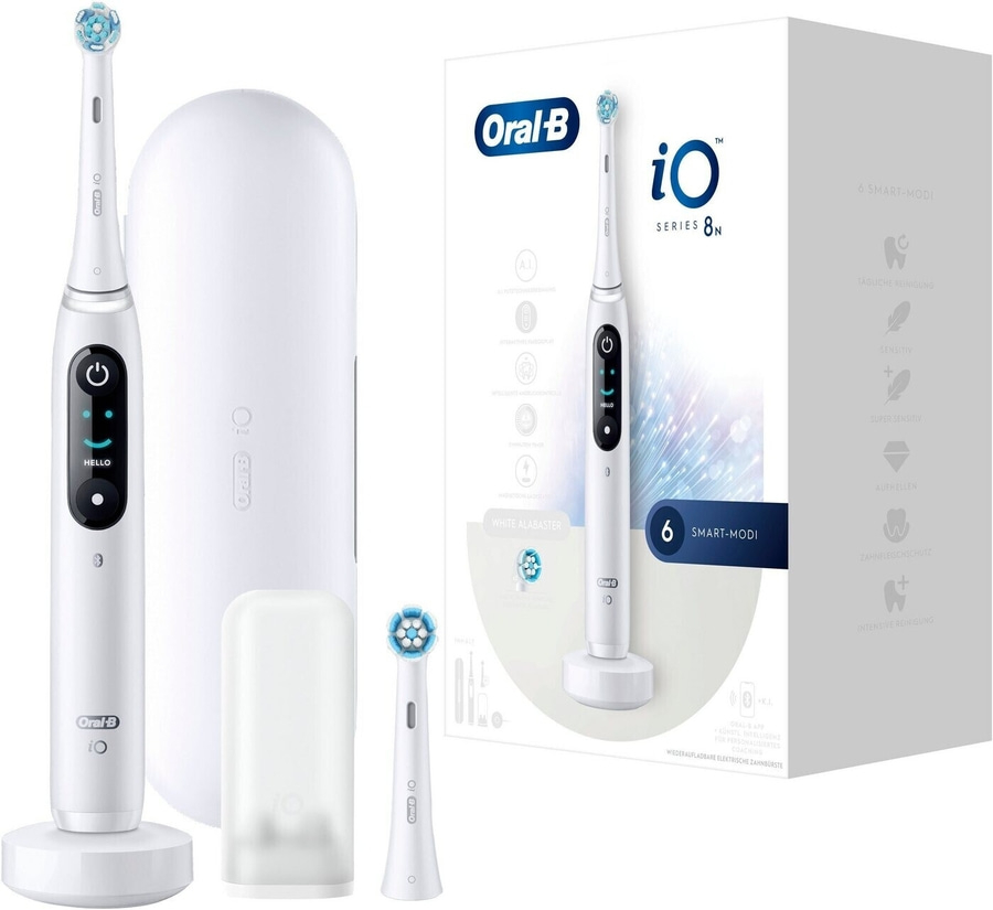 Oral-B iO Series 8N elektrische Zahnbürste mit Ladecase und Aufsätzen.