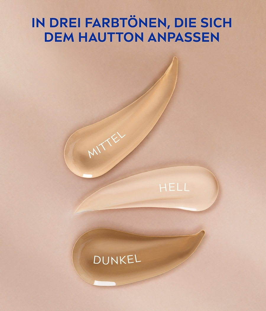 Drei Farbtöne, die sich dem Hautton anpassen: Mittel, Hell, Dunkel.