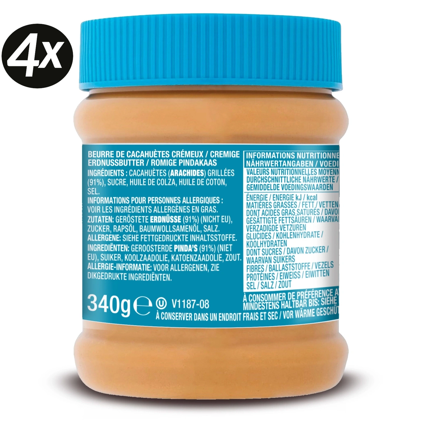 Erdnussbutter-Glas mit Zutaten, Nährwertangaben und Gewicht von 340g, 4x