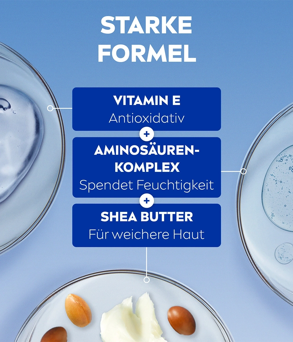 Starke Formel: Vitamin E, Aminosäuren-Komplex, Shea Butter für Hautpflege.