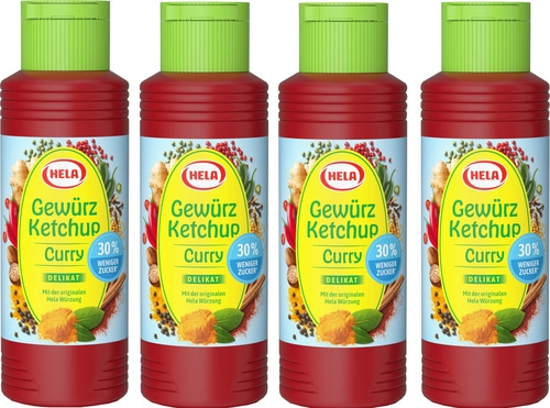 4 x Hela Ketchup Curry delikat 30% weniger Zucker Gewürzketchup 300 ml Flasche