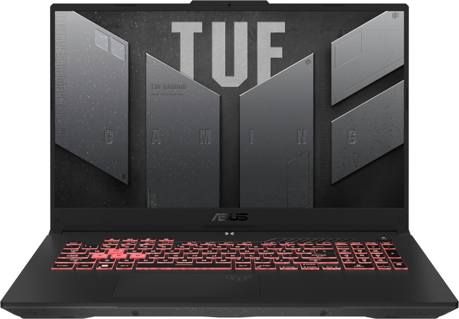 Schwarzer Laptop mit roter Tastatur, TUF-Gaming-Logo, ASUS-Logo, Bildschirm
