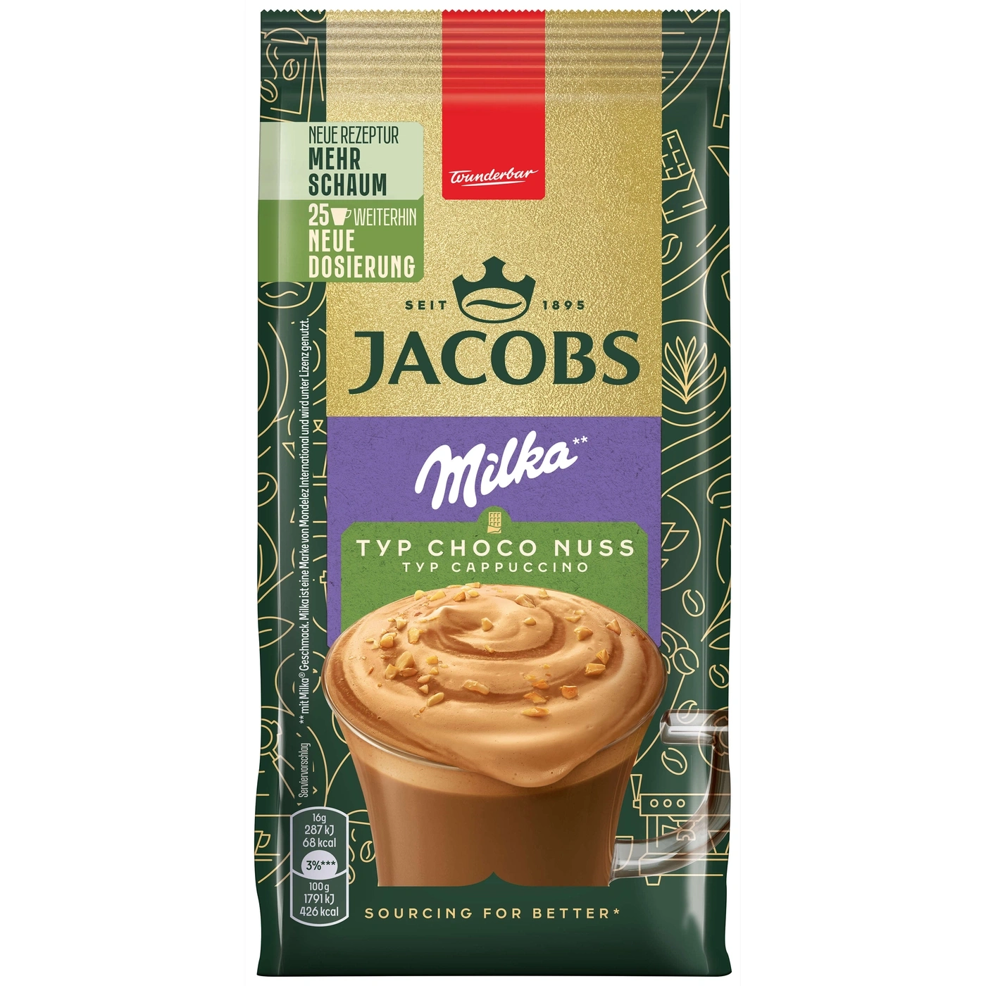 Jacobs Milka Typ Choco Nuss Cappuccino, Packung mit Schaum, 1895, Wunderbar