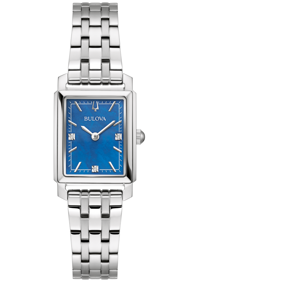 Bulova Damenuhr mit blauem Zifferblatt und silbernem Armband, rechteckig