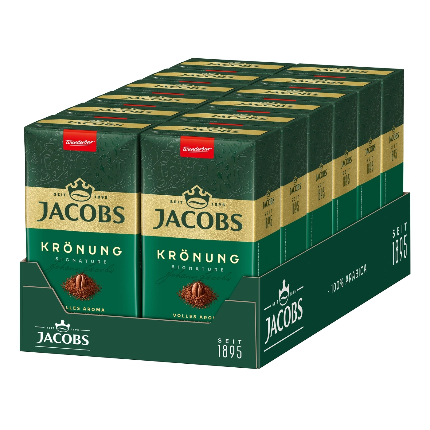 Karton mit Jacobs Krönung Kaffee, 100% Arabica, seit 1895