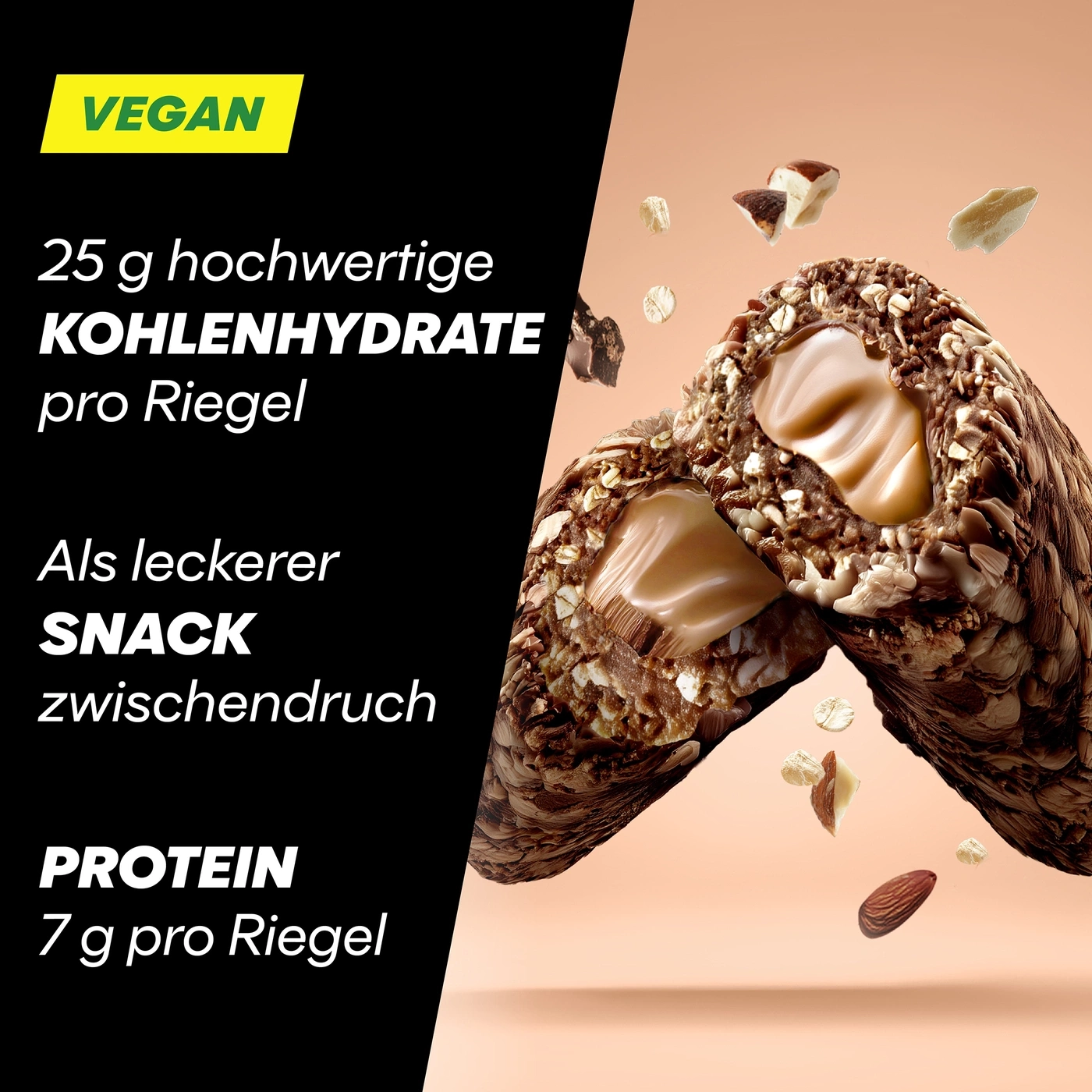 Ein veganer Müsliriegel mit Karamellfüllung, Nüssen und Haferflocken.