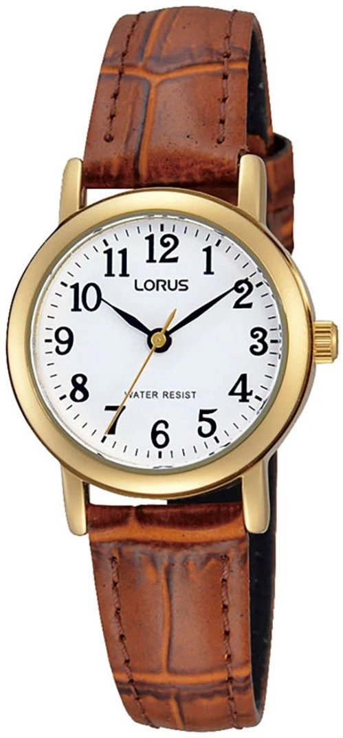 Eine goldene Lorus-Uhr mit braunem Kroko-Lederarmband