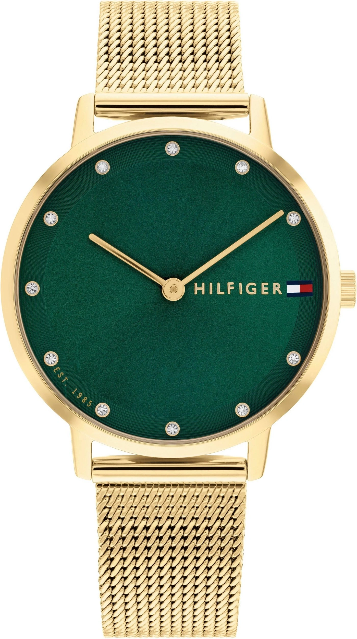 Goldene Tommy Hilfiger Uhr mit grünem Zifferblatt und Schmucksteinen.
