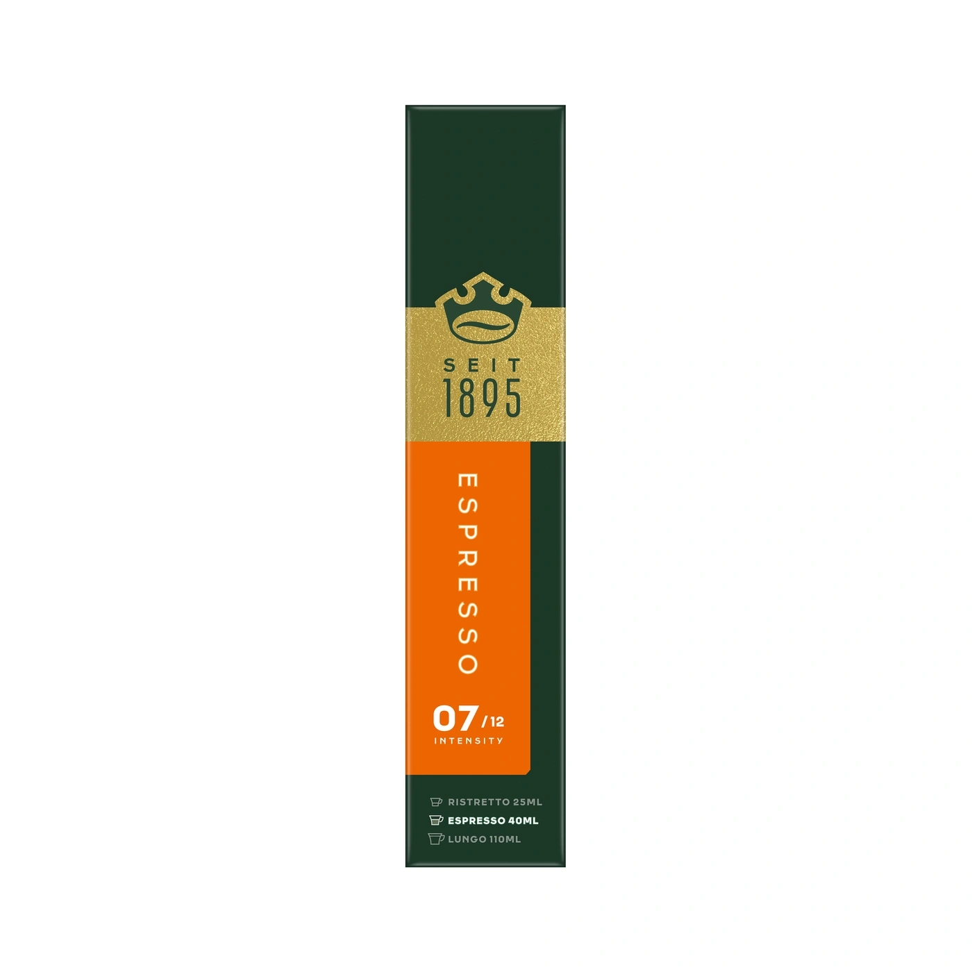 Espresso-Kapsel-Verpackung mit "SEIT 1895" und Intensität "07/12".
