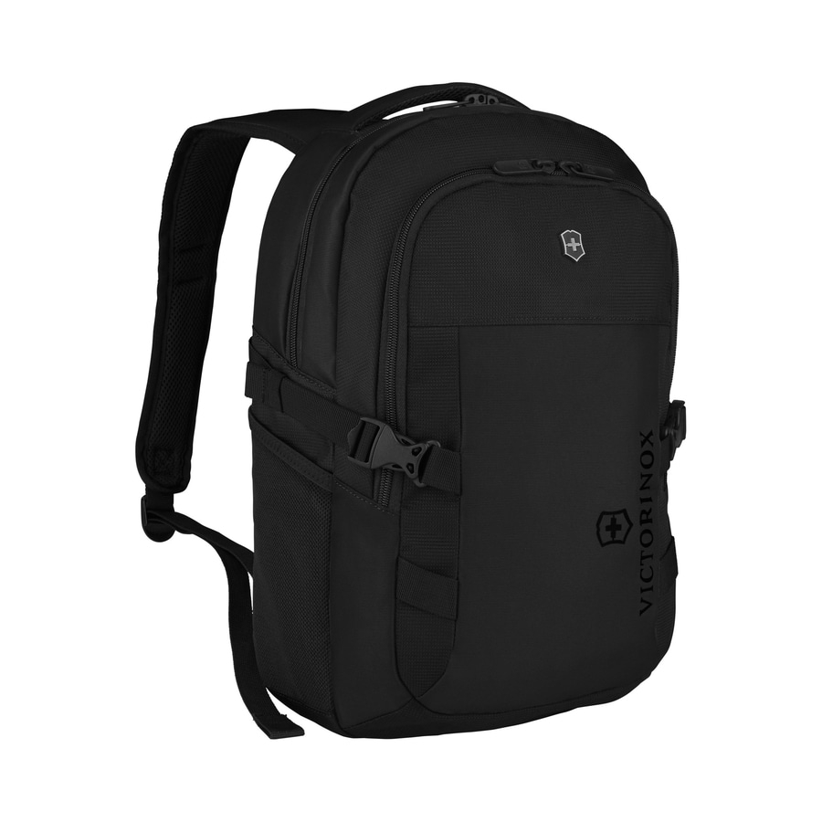 Schwarzer Rucksack von Victorinox, mit Schultergurten und Logo.
