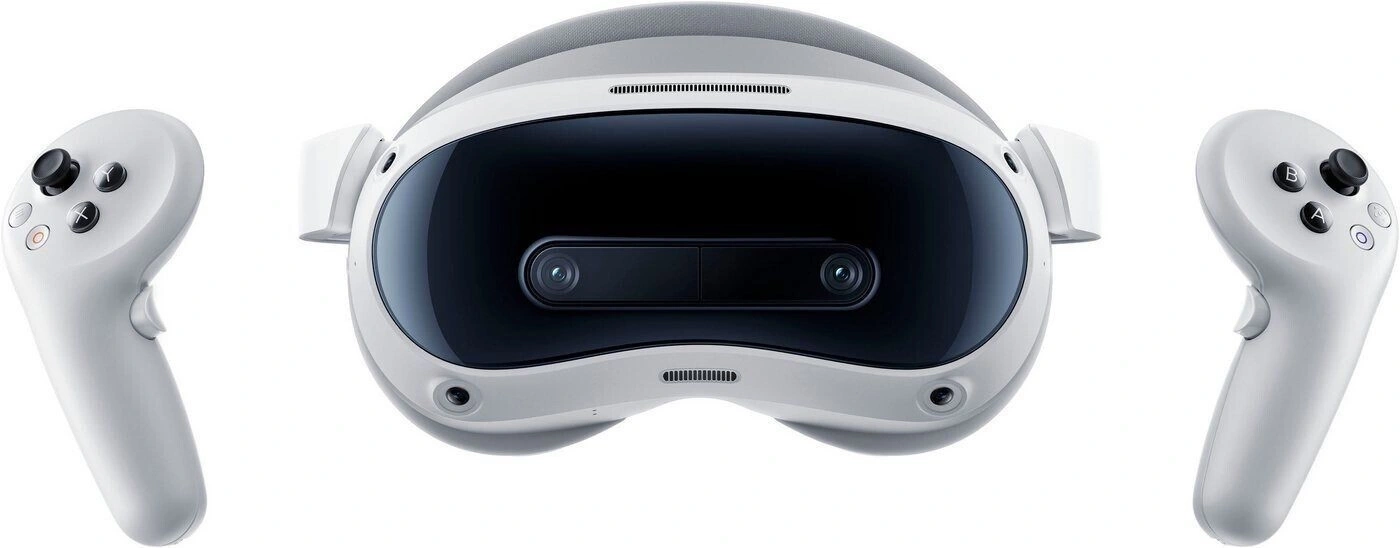 VR-Brille mit Controllern, weißes Design, Virtual Reality, Technologie, Gaming