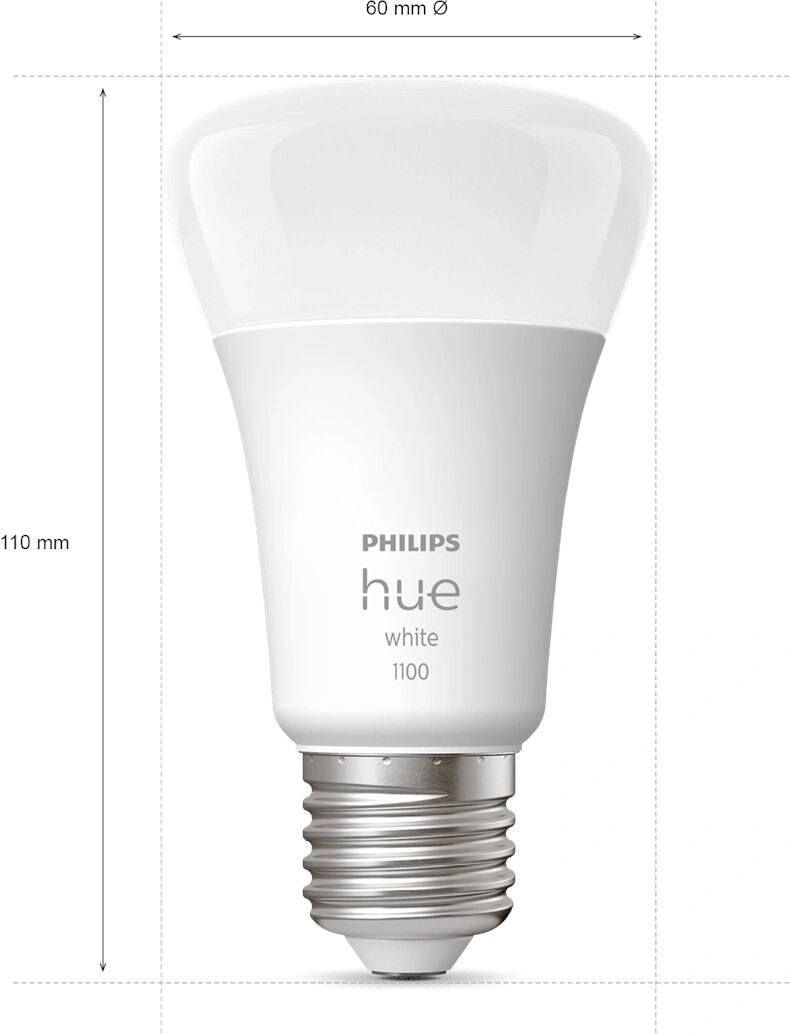 Philips Hue White LED-Lampe mit Angabe von Länge und Durchmesser.