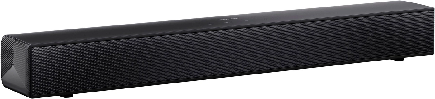 Schwarzer SHARP Soundbar mit perforierter Front und Tasten auf der Oberseite.