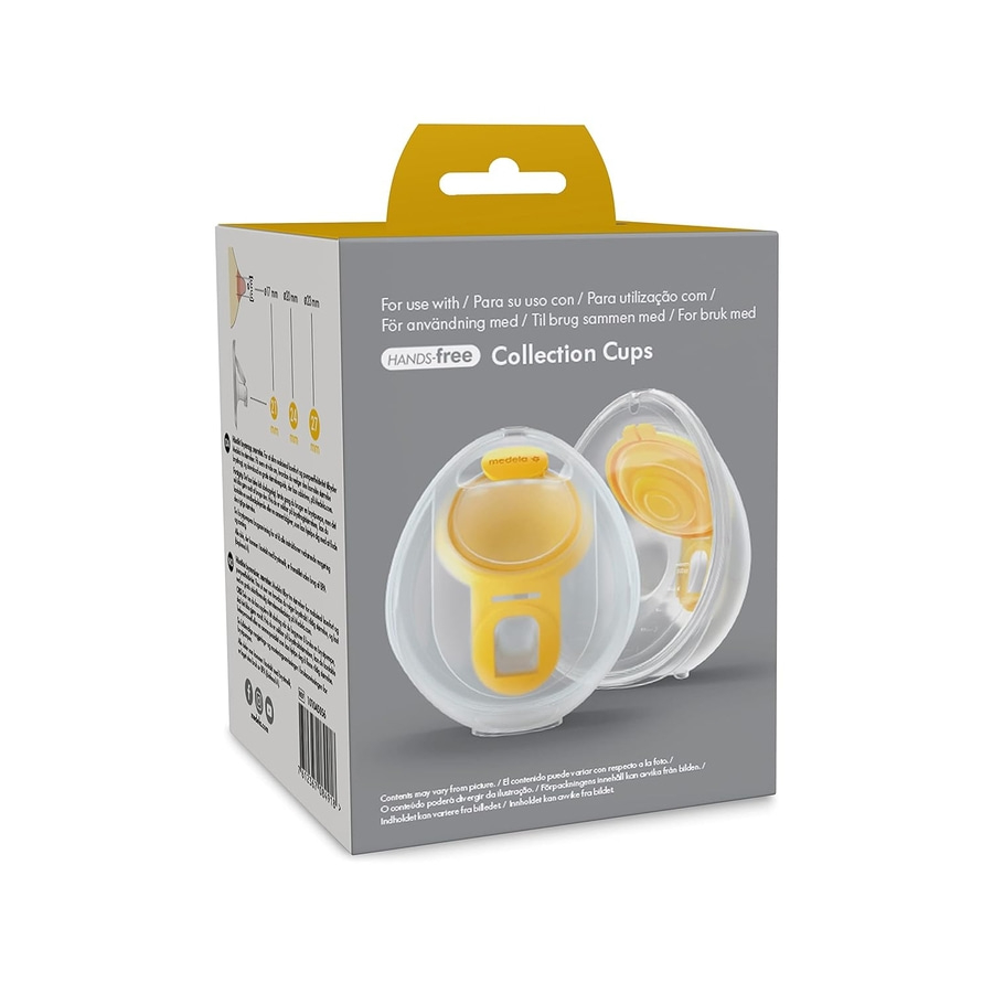 Medela Hands-free Collection Cups, Produktverpackung mit Text und Produktabbildung