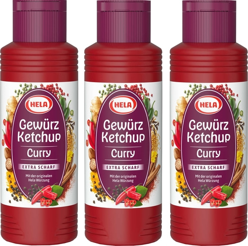 Drei Flaschen Hela Gewürzketchup Curry Extra Scharf, rot, mit Gewürzen