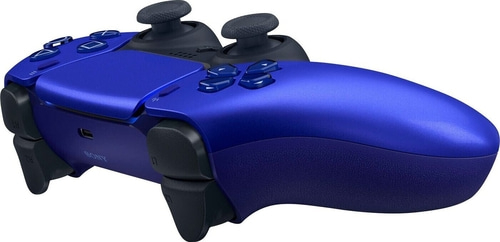 Blauer Playstation 5 DualSense-Controller, Nahaufnahme, blaues Design, Videospiel-Zubehör