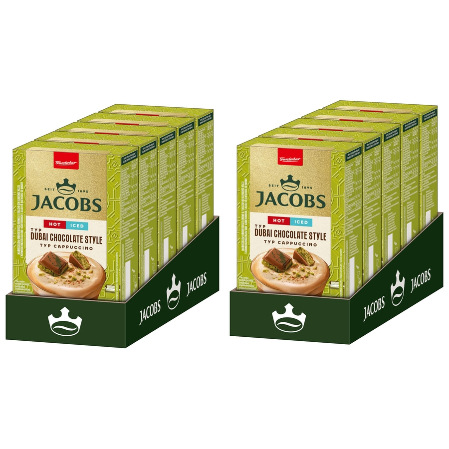 Zwei Jacobs Dubai Chocolate Style Cappuccino Packungen, heiß und kalt