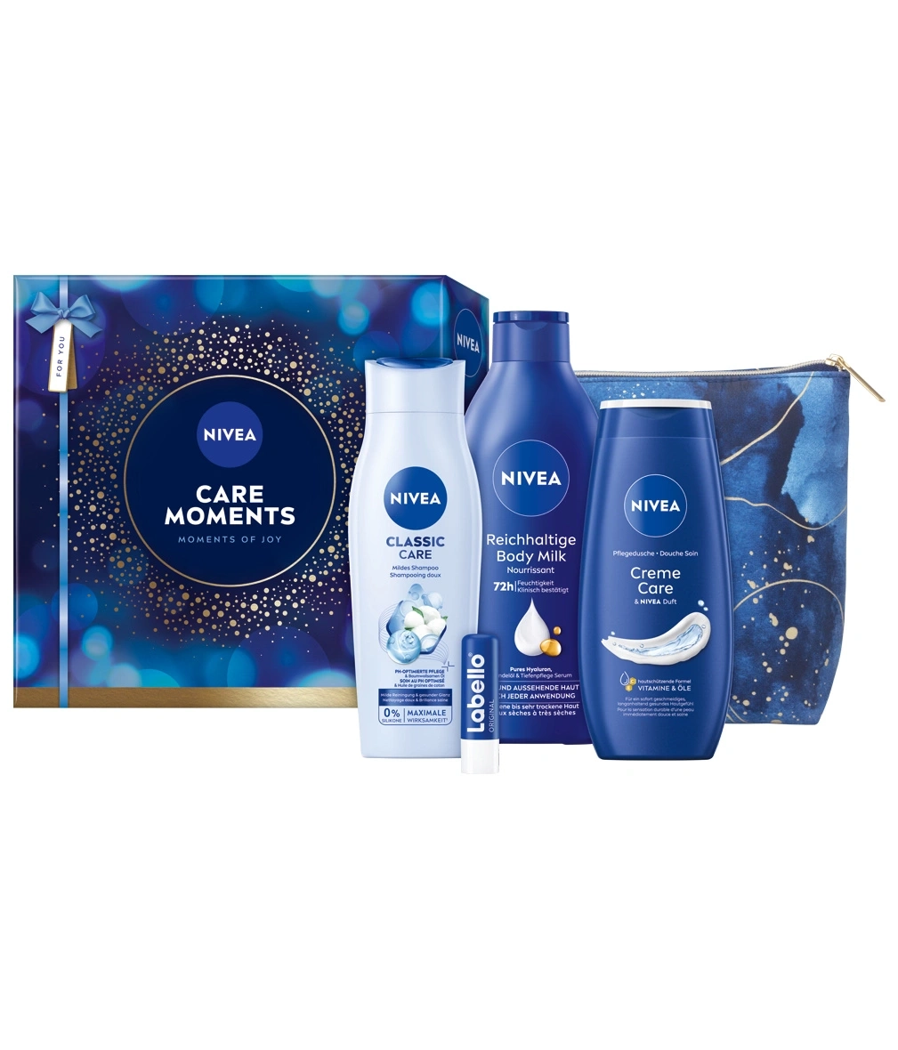 Nivea Geschenkset mit Duschgel, Body Milk, Shampoo, Labello und Kosmetiktasche