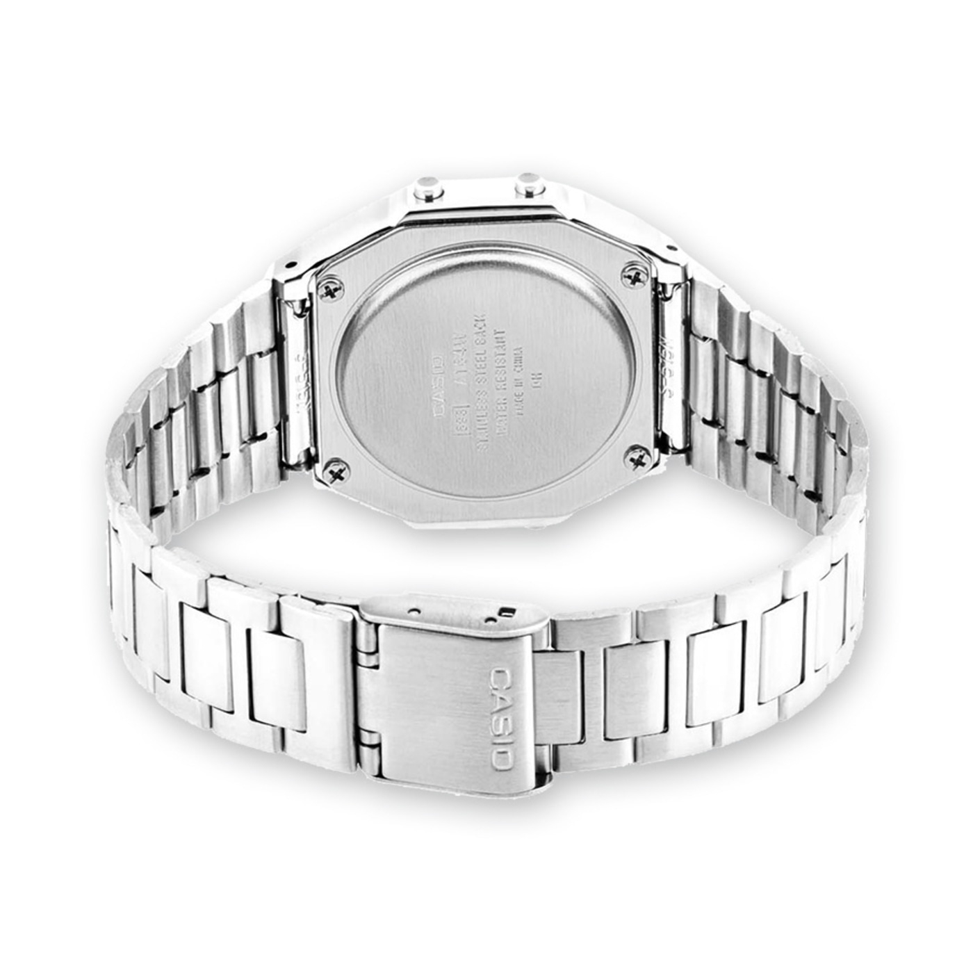 Casio-Uhr, Edelstahl, Wasserdicht, Made in China, Rückseite, Armband, silber