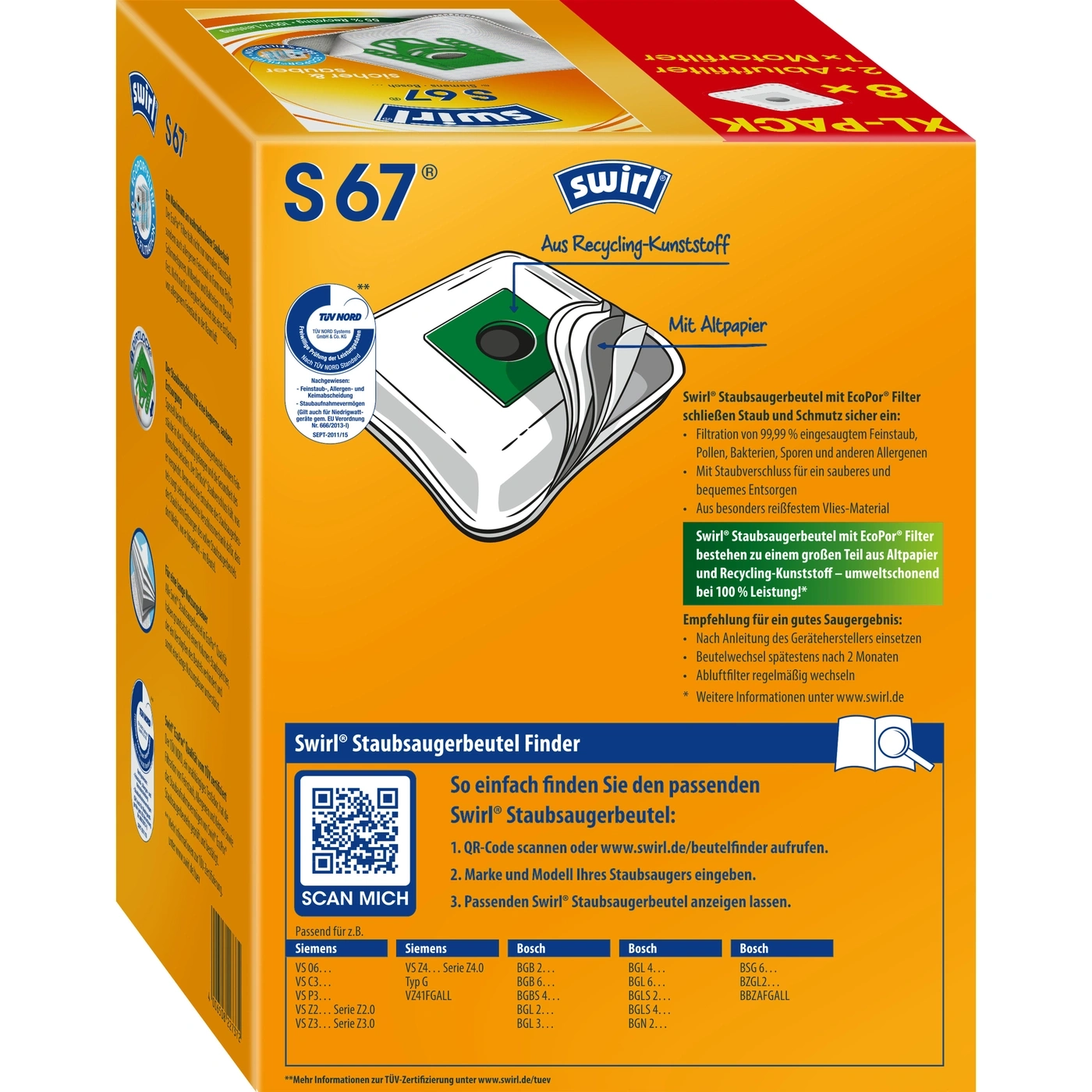 Swirl Staubsaugerbeutel XL-Packung mit EcoPor Filter, Recycling-Kunststoff, für Siemens und Bosch Staubsauger.