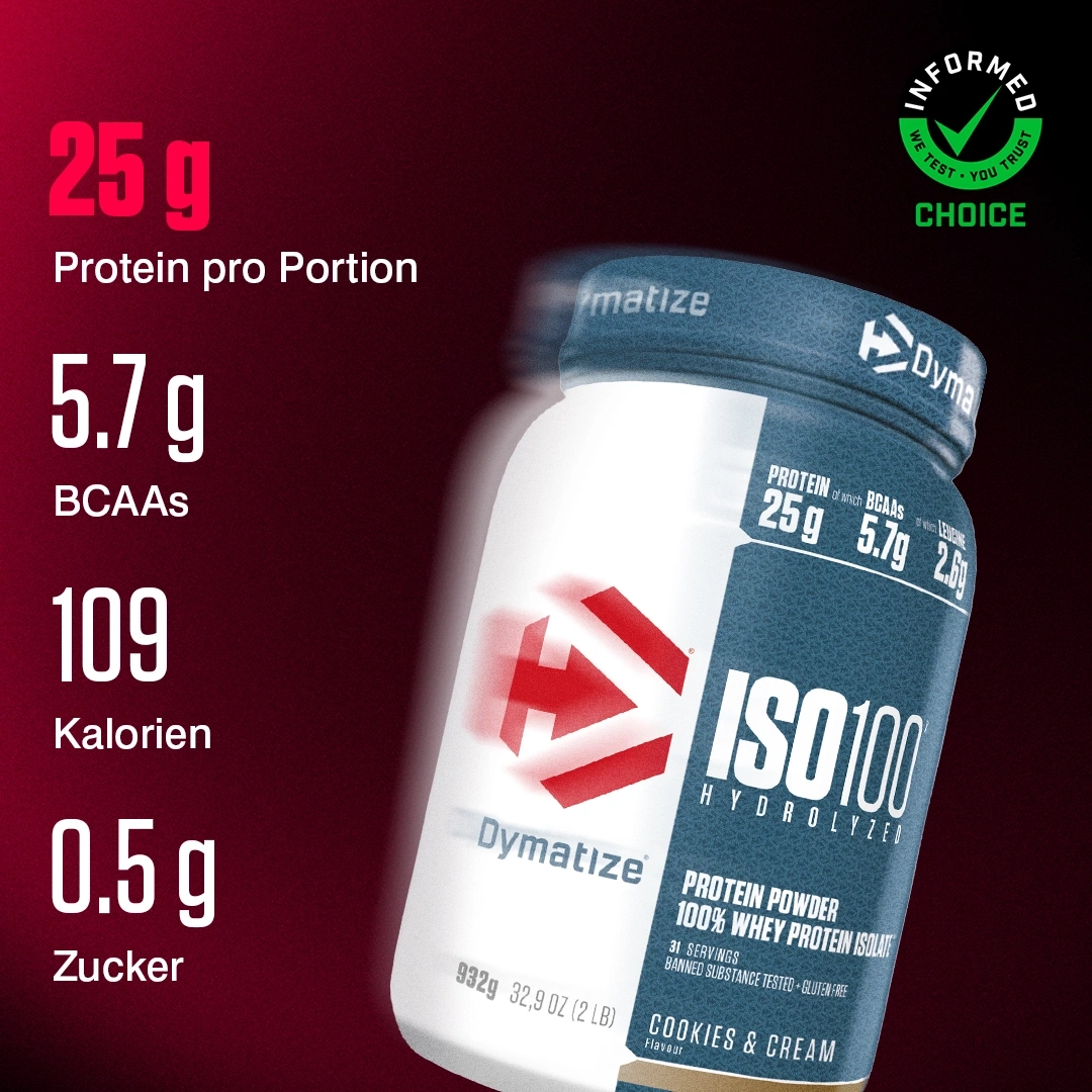 Dymatize ISO100 Protein Pulver mit 25g Protein pro Portion und Cookies & Cream Geschmack.