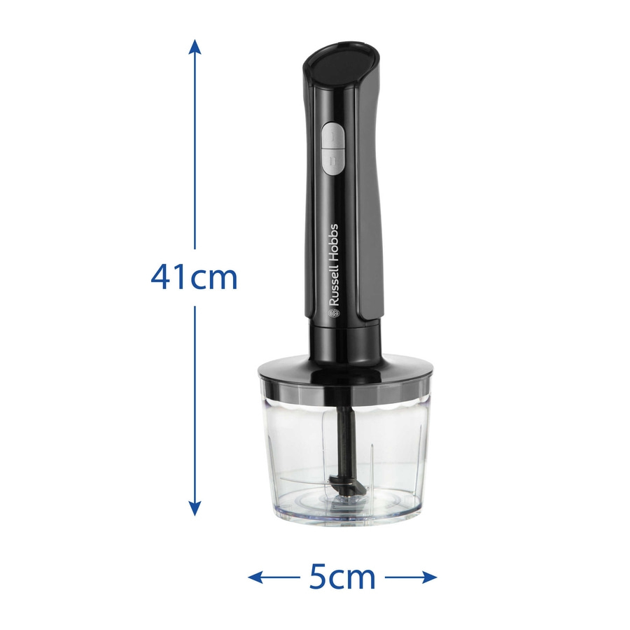 Schwarzer Stabmixer mit Messbecher, 41 cm hoch und 5 cm breit, von Russell Hobbs.