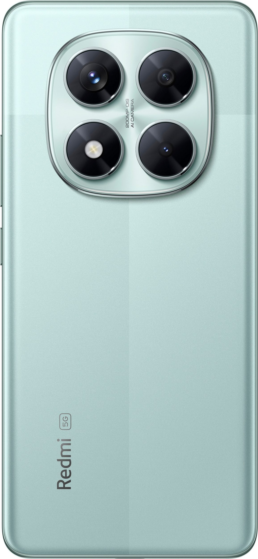 Rückseite eines hellgrünen Smartphones mit vier Kameras und Redmi 5G Schriftzug.