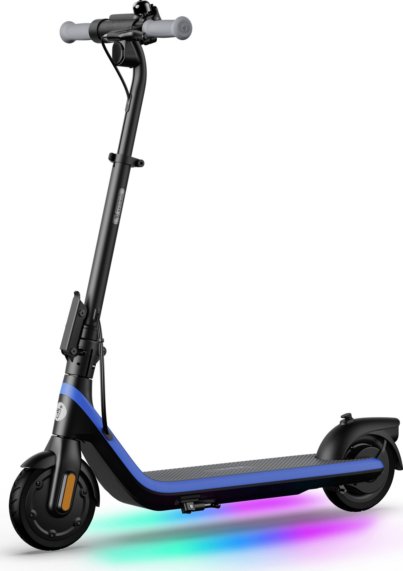 Elektroroller mit blauem und schwarzem Design und bunten Lichtern unter dem Deck