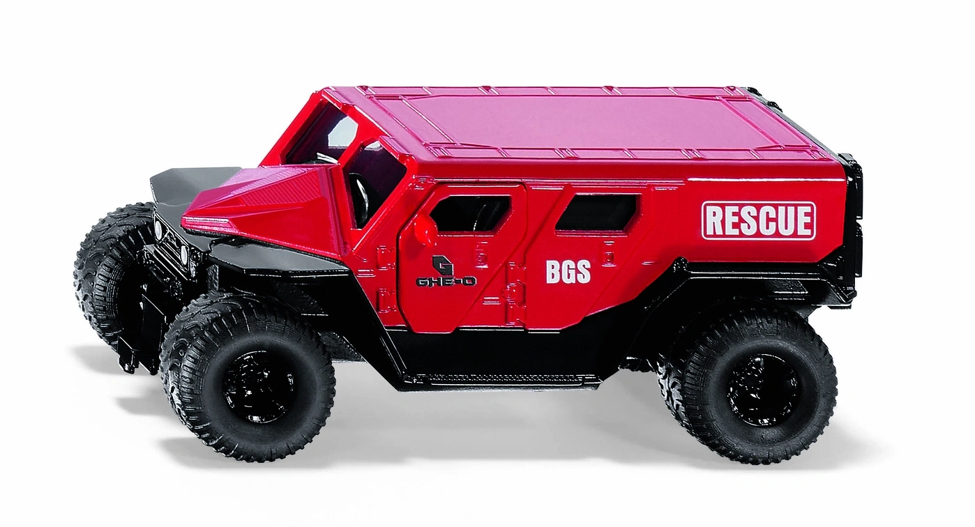 Rotes Spielzeug-Rettungsfahrzeug mit großen Reifen und Aufschrift 'RESCUE' und 'BGS'.