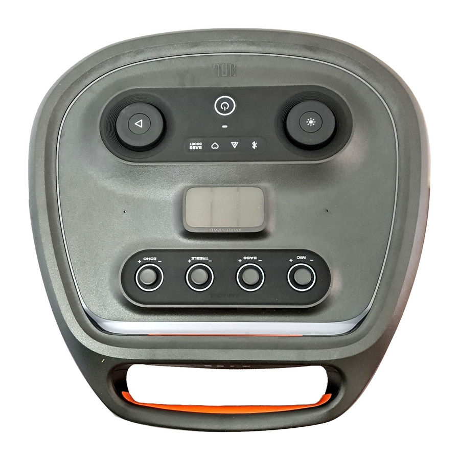 JBL-Lautsprecher mit Knöpfen für Echo, Treble, Bass und Mikrofon. Power-Taste und Party-Modus.