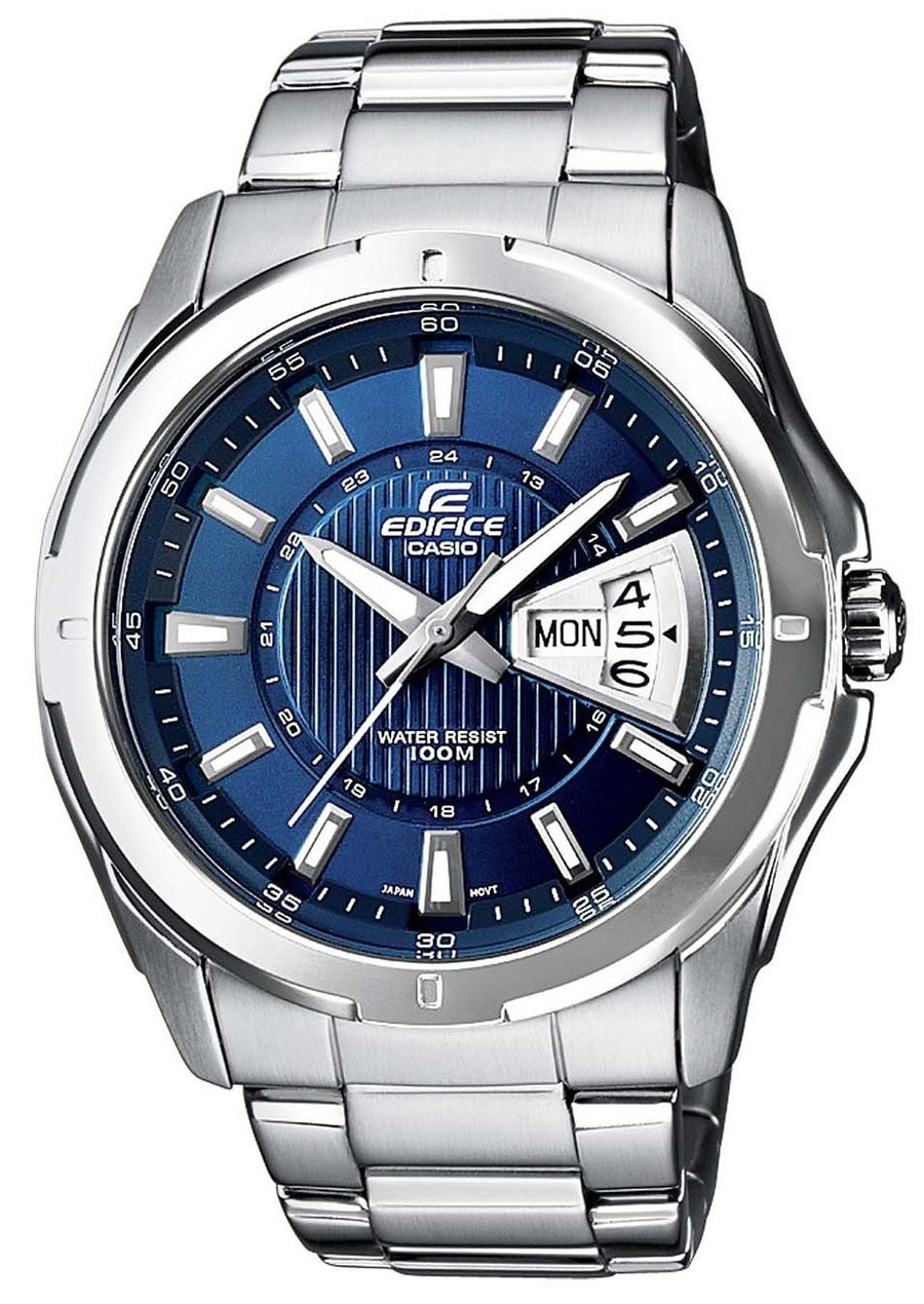 Blaue Casio Edifice Uhr mit Datumsanzeige und silbernem Armband. Wasserdicht.