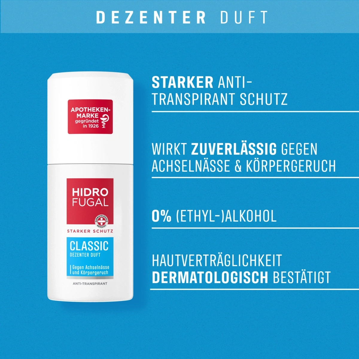 Hidro Fugal Classic Deodorant: Starke Anti-Transpirant Schutz, wirkt zuverlässig, 0% Alkohol, Hautverträglichkeit dermatologisch bestätigt.