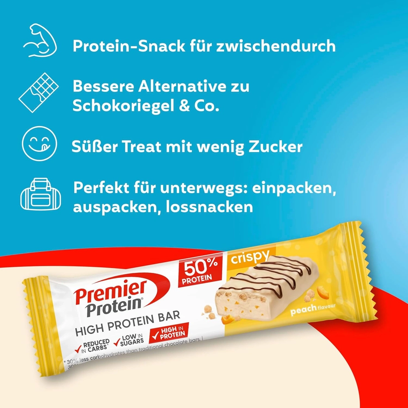 Premier Protein Riegel mit Pfirsichgeschmack und 50% Protein.