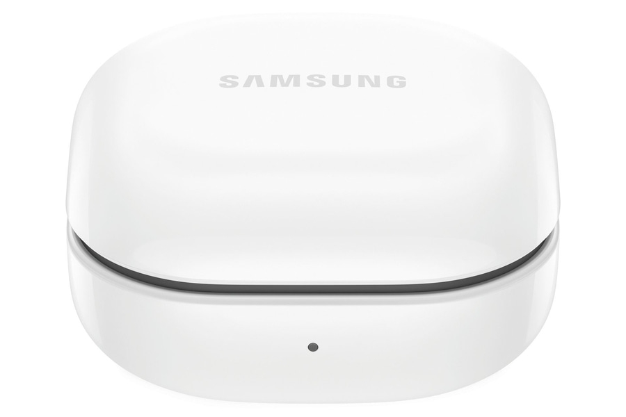 Weißes Samsung-Ladecase mit dem Samsung-Logo. Es ist ein kabelloses Ladecase.