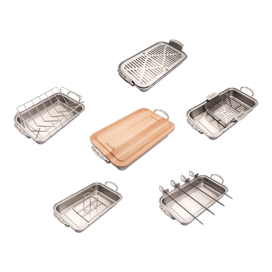Char-Broil Grillzubehör-Set: Grillrost, Holzbrett, Spieße, Bratenhalter, Grillkorb, Grillplatte