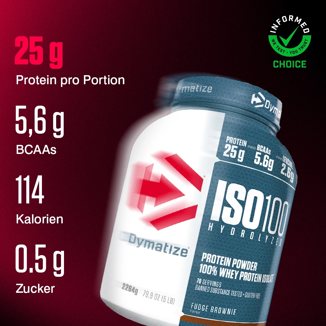 Dymatize ISO 100 Hydrolyzed Proteinpulver, Fudge Brownie Geschmack, mit 25g Protein pro Portion.