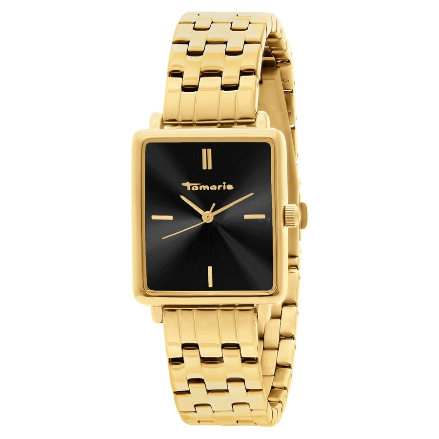 Eine goldene Tamaris-Armbanduhr mit schwarzem Zifferblatt