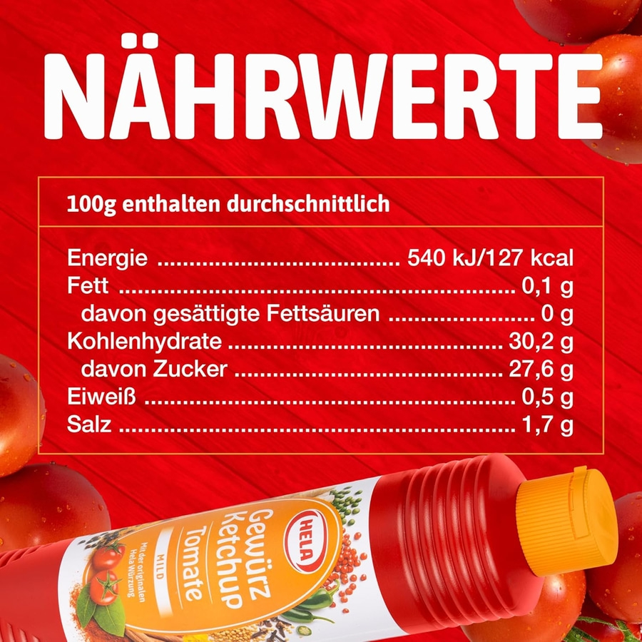 Nährwerte von Tomatenketchup auf rotem Hintergrund mit Tomaten