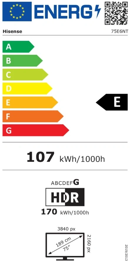 Energielabel für einen Hisense Fernseher mit Energieeffizienzklasse E.