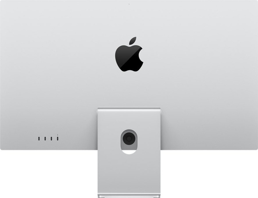 Apple iMac-Rückseite mit Logo und Anschlüssen, silberfarbenes Design.