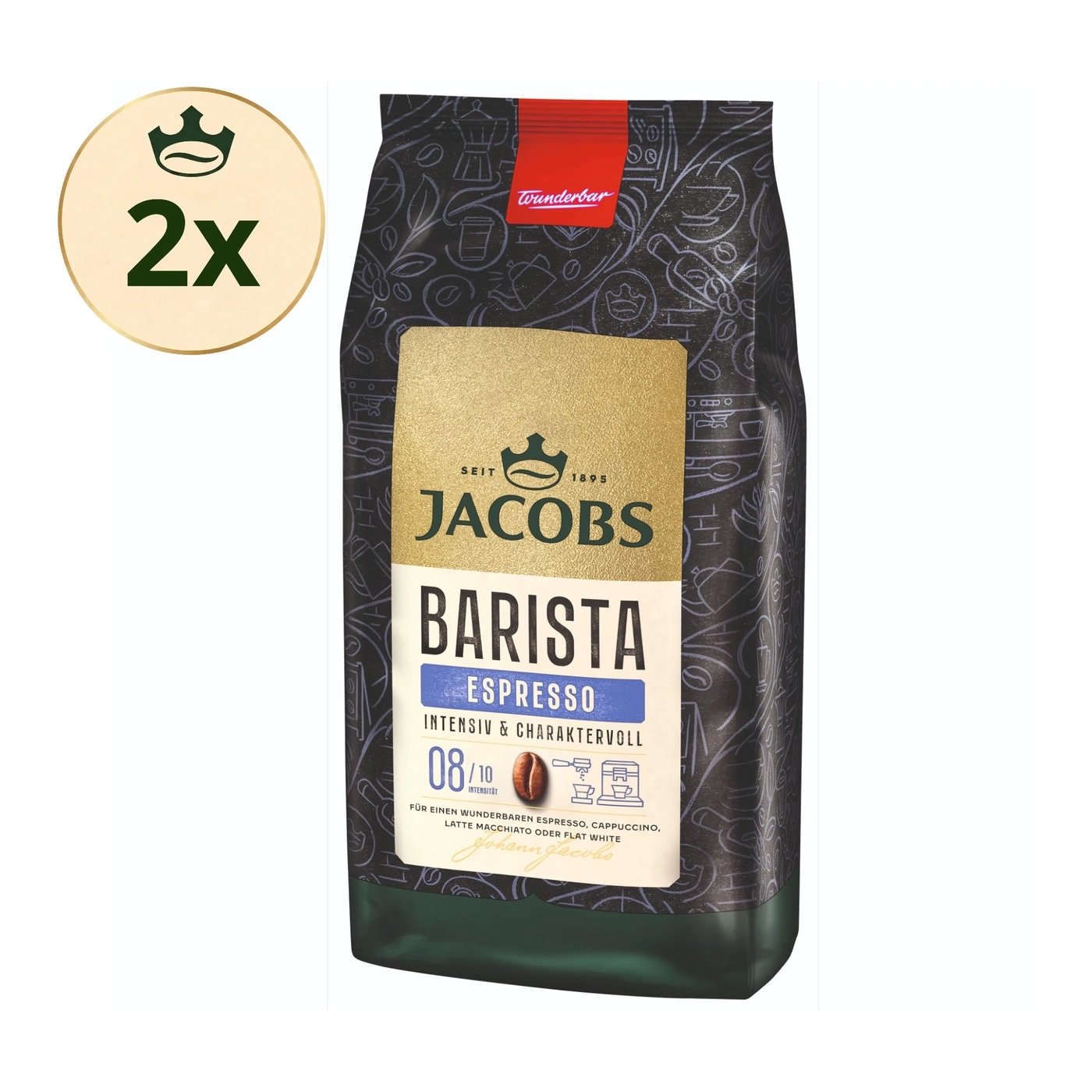 Packung Jacobs Barista Espresso Kaffee mit "2x" und Krönungssymbol