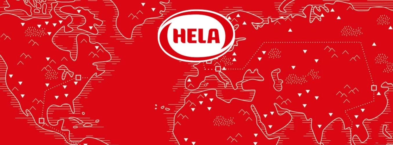 Weltkarte mit HELA Logo und markierten Orten