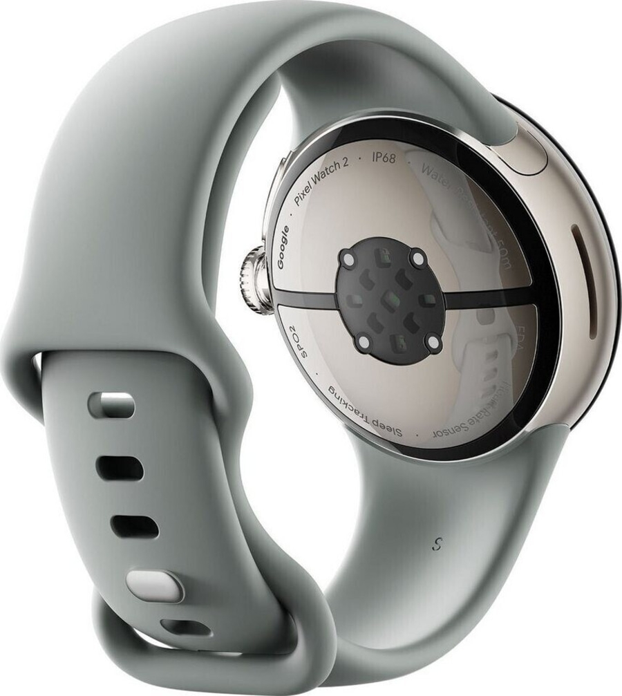 Google Pixel Watch 2, grau, mit Armband, Nahaufnahme, Rückseite, IP68