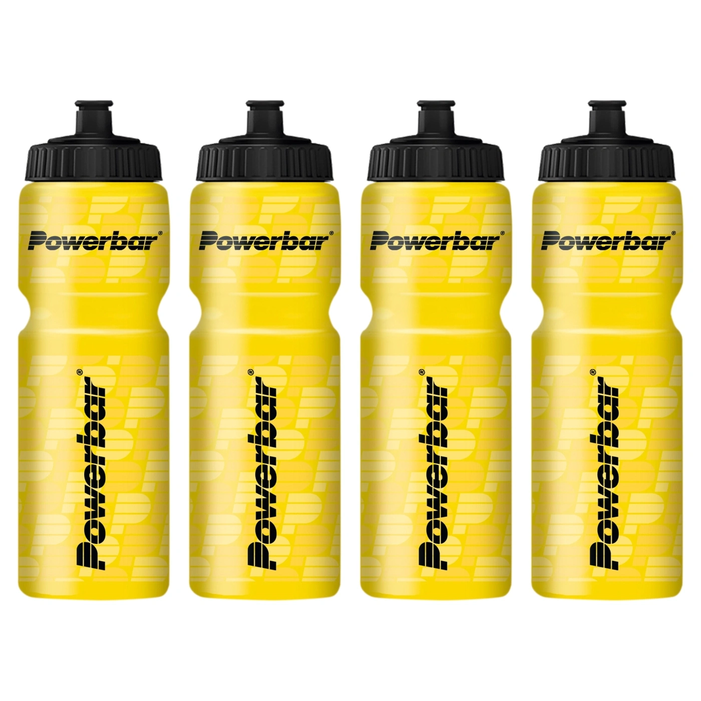 Vier gelbe Powerbar-Wasserflaschen nebeneinander
